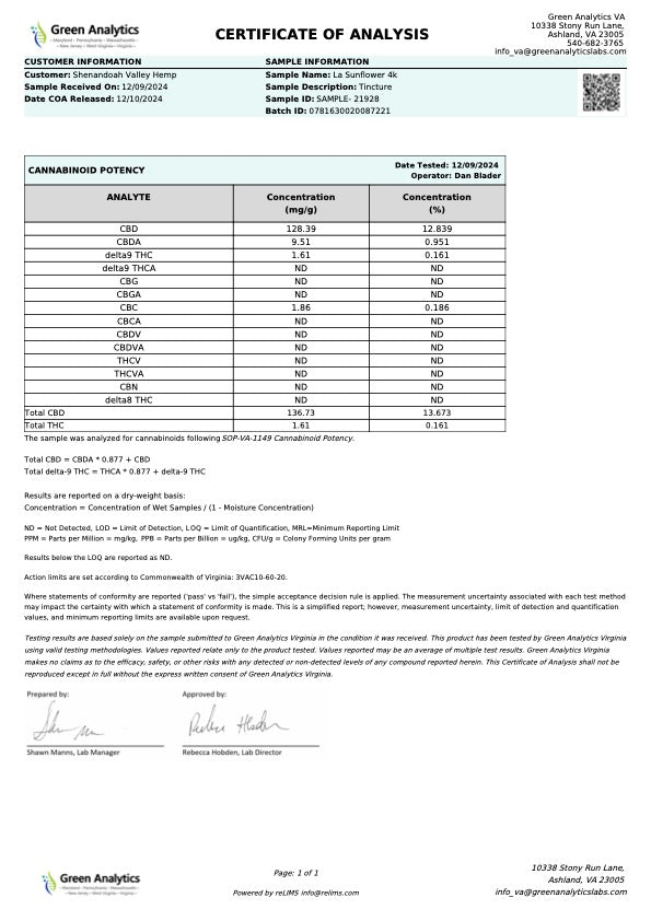 4000mg. Organic Hemp Extract Full Spectrum Tincture For Chronic Pain, Inflammation, Anxiety & Restlessness